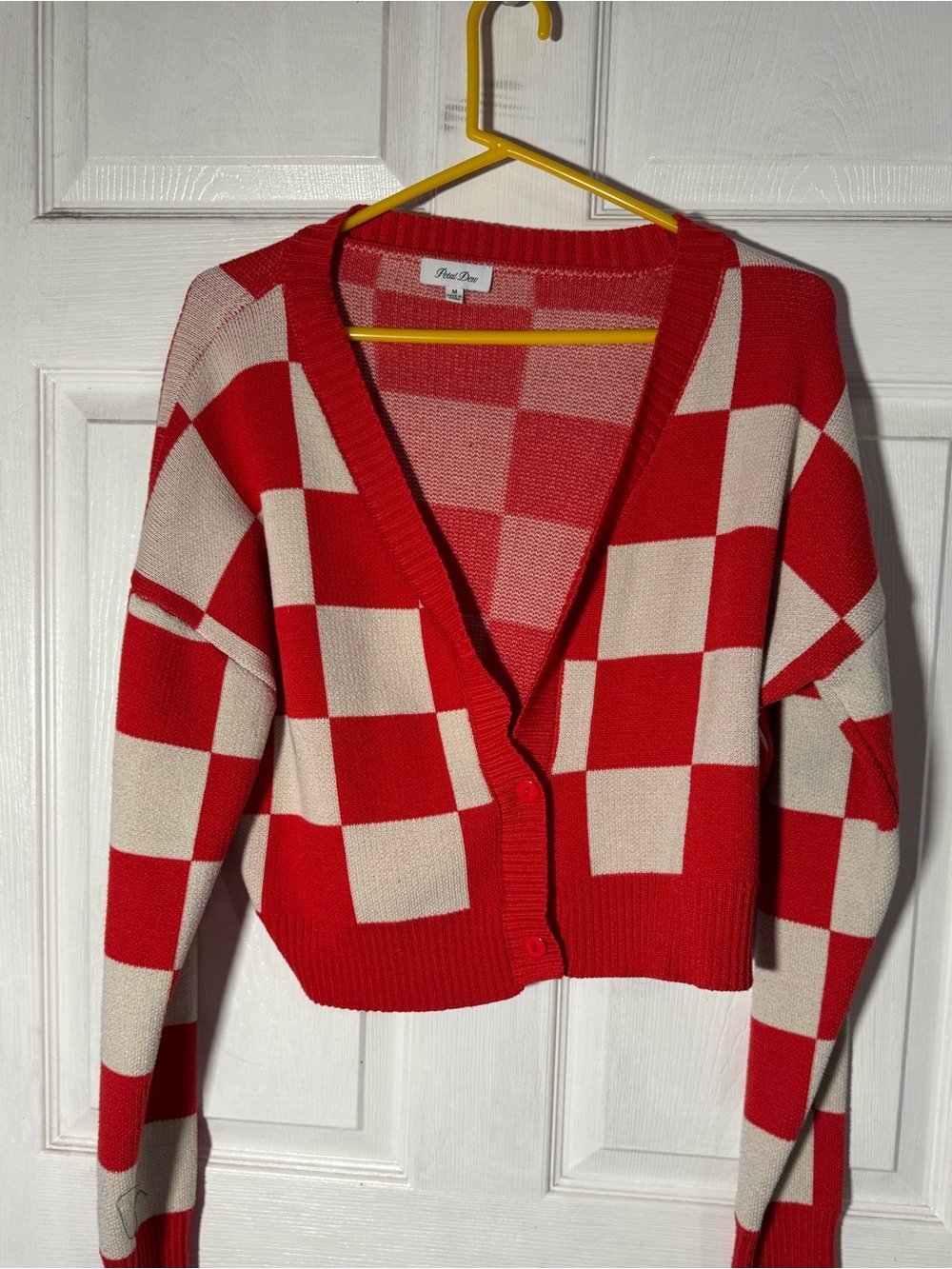 Checkerboard Red and Cream V-Neck Button Cardigan